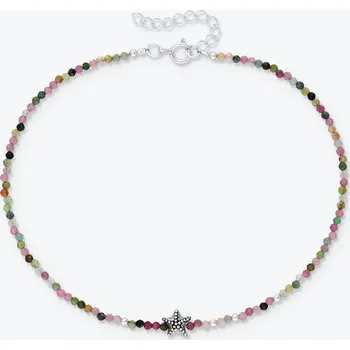 Řetízek Nákotník Hvězdice ze stříbra a turmalínu se stříbrnými korálky - Ag925