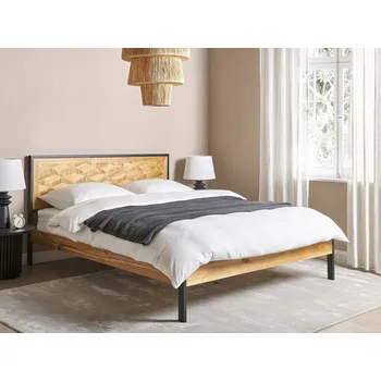 Postel Postel přírodní akácie 160 x 200 cm rám postele s čelem lamelový rošt černé kovové nohy ložnice Beliani