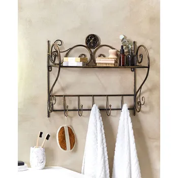 police Nástěnná koupelnová police černá kovová 42 x 47 cm s háčky vintage design doplňky do koupelny Beliani