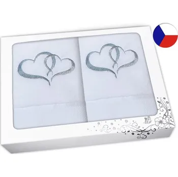 Ručník Dárková sada BÍLÁ ručník + osuška s výšivkou Srdce šedá/stříbrná