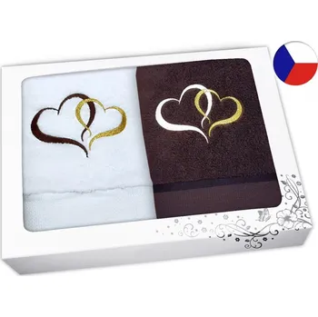 Ručník Luxusní dárková sada ručníků s výšivkou Srdce hnědá/bílá