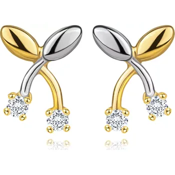 Náušnice Náušnice ze směsového zlata 585 - třešně, čiré zirkony, hladké listy