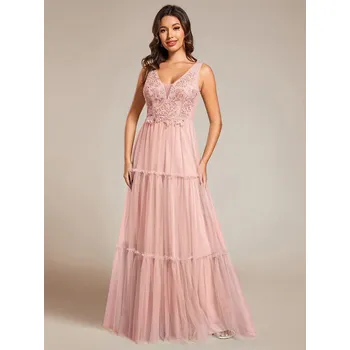 Dámské šaty Šifonové večerní šaty s výstřihem do V bez rukávů Barva: Růžová, Velikost: S