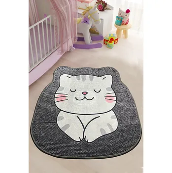 Koberec ASIR Kulatý dětský koberec (80 cm) NEKO šedý s kočkou