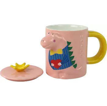 Keramický hrnek s víčkem a lžičkou s motivem dinosaura růžový 400 ml