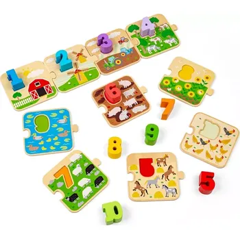 BIGJIGS TOYS dřevěné puzzle s obrázky a čísly 1–10 (život na farmě)