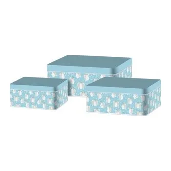 Dóza na potraviny Plechová hranatá dóza Angel's Wings, modrá, set 3 ks, 210x210x83/180x180x75/150x150x70mm