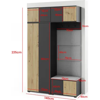 Předsíňová stěna Eka Předsíňová stěna s čalouněnými panely Joey 3 - Černá a Dub Artisan / Fialová 2311
