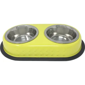 Miska pro psa PROFIZOO Miska nerezová protiskluzová se stojanem s reliéfem tlapky 2x350 ml Jasmínově žlutá