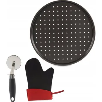 Plech na pečení SADA NA PIZZU 3 DÍLY: PLECH Ø 32 CM, KRÁJEČ A RUKAVICE, KINVARA