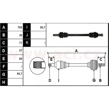 zadní poloosa AVORD délka 765mm, 30 drážek u kola, 27 drážek u diferenciálu AUT+MAN př. M6/A8, bez ABS kroužku, L, repasovaný o