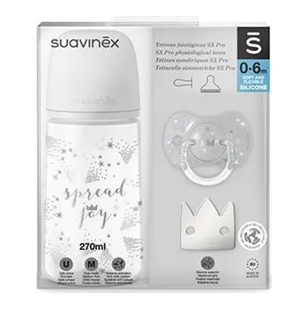 dudlíky SUAVINEX Sada 270ml + dudlík fyziologický 0-6 m + klip Joy Stříbrná
