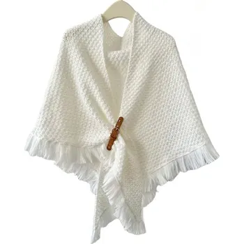 Šála Zimní pletený šál s koženou sponou | elegantní teplý šátek - Bílý