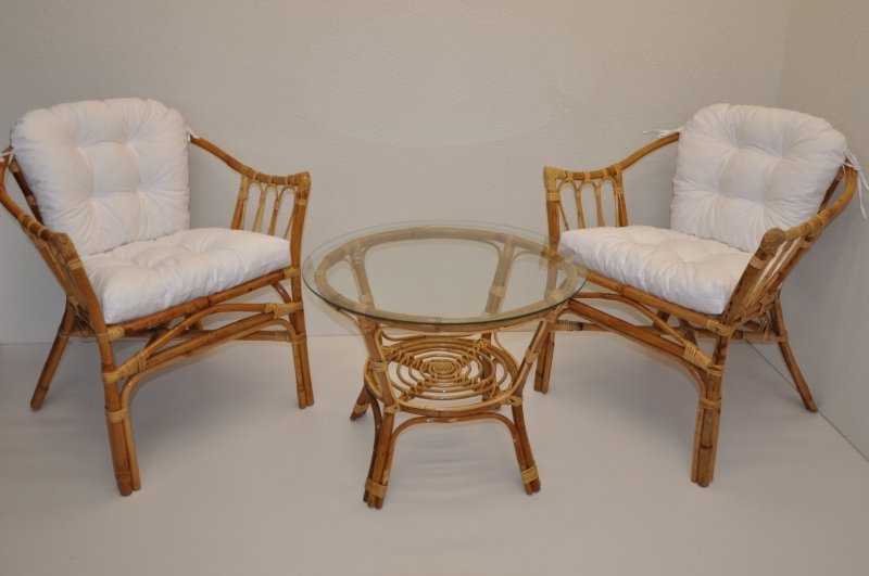 Ratanová sedací souprava 2 křesla a stolek - polstry bílé - Ratanová sedací souprava 2 křesla a stolek - polstry bílé
