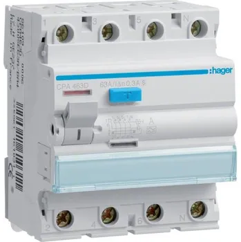 Proudový chránič Hager CPA463D Proudový chránič 4 pól. 63 / 0,3 A, A (S)