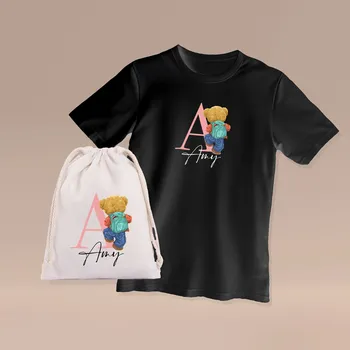 Set S MEDVÍDKEM DO ŠKOLY A DO ŠKOLKY, pro děti Barva: Černá, Velikost: 18-24 měsíců, Barva písmena: Růžová