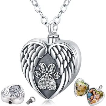 Náhrdelník Stříbrný pietní náhrdelník s prostorem pro obrázek - Srdce s andělskými křídly a tlapkou - Stříbrný pietní náhrdelník s prostorem pro obrázek - Srdce s andělskými křídly a tlapkou osázenou zirkony
