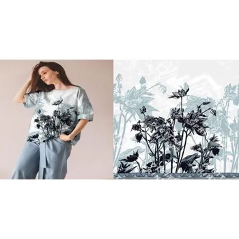 Metráž - Úplet Vis/El PANEL ORLÍČEK MODROŠEDÝ/293 - látka na sukně a halenky - Černá/bílá, 170 cm