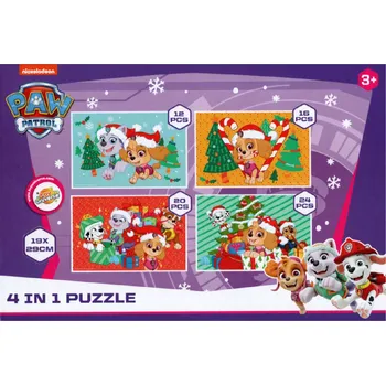 puzzle pro nejmenší Dětské puzzle 4v1 TLAPKOVÁ PATROLA a vánoční stromeček, 19x29 cm