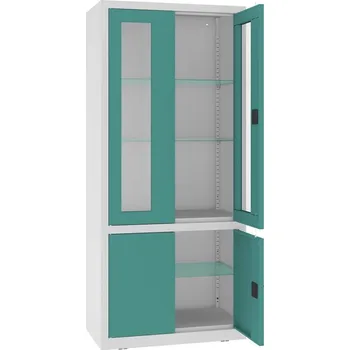 Kovová lékárenská skříň, horní dveře prosklené, dolní plné, skleněné police, dvoukřídlé dveře, š x h x v: 800x435x1800 mm, barva dveří zelená RAL6033