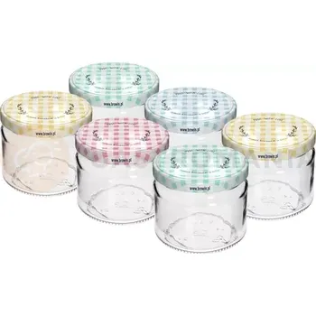 Sklenice Zavařovací nízká sklenice Twist-off 330 ml s pastelově kostkovaným víčkem Ø 82/6 - 6 ks | BROWIN, 132332