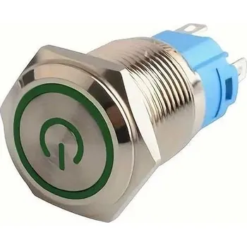 Vypínač tlačítkový OFF-ON 22mm, 250V/2A, zelené prosvětlení 12-24V