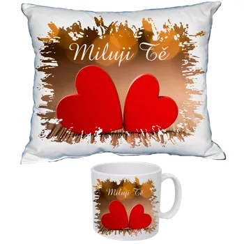 Dekorativní polštářek Svatý Valentýn dvě srdce polštář a hrnek III (dárkový set polštářek a hrneček )