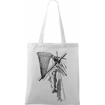 Nákupní taška Kreslený podběrák a chycená ryba - Taška bavlněná - 42 x 38 cm ( Bílá )