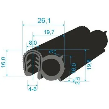 Těsnění do okna a dveří 00546018 U-PIRELI s kovovou výztuží s bočním těsněním, 60°Sh, U-EPDM, bříško-EPDM, černá