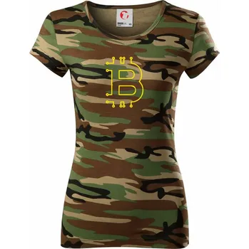 Dámské tričko Bitcoin kryptoměna - Dámské maskáčové triko - L ( Hnědý maskáč )