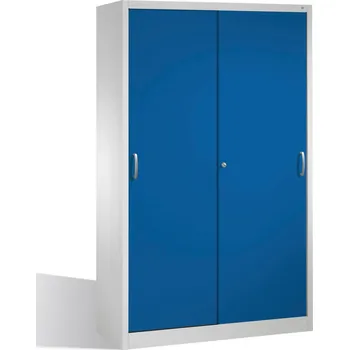 Skříňka na nářadí Dílenská skříň typ Cabo, s posuvnými dveřmi, 4 vložné police, Š 1200, H 500, V 1950 mm, šedo-modrá