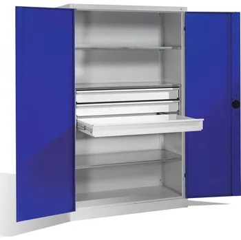 Dílenská skříň typ Cabo, křídlové dveře, 3 police, 3 zásuvky, Š 1200, H 500, V 1950 mm, šedo-modrá