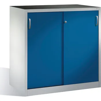Skříňka na nářadí Dílenská skříň typ Cabo, s posuvnými dveřmi, 2 vložné police, Š 1200 mm, H 1200 mm, V 1200 mm, šedá