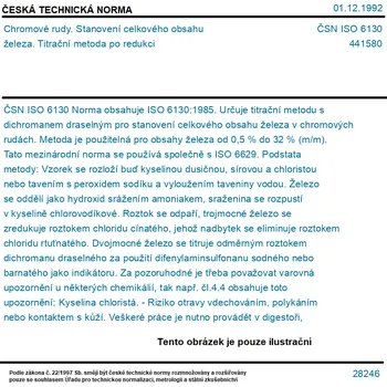 ČSN ISO 6130 - Chromové rudy. Stanovení celkového obsahu železa. Titrační metoda po redukci - Tisk