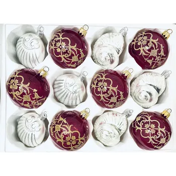 Vánoční ozdoba IRISA Skleněná sada ELEONORA bílá, červená sada 12ks Velikost: 7 cm, Balení: 12ks, Barva: bílá, červená