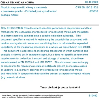 ČSN EN ISO 21832 - Ovzduší na pracovišti - Kovy a metaloidy v poletavém prachu - Požadavky na vyhodnocení postupů měření - Tisk