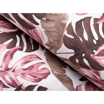 Bavlněná látka/plátno Sandra SA-227 Hnědé a starorůžové tropické listy na bílém - šířka 160 cm