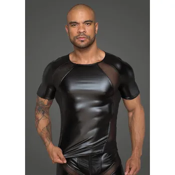 Pánské erotické prádlo Noir Handmade H056 Men's T-Shirt Made of Powerwetlook with 3D Net Inserts Velikost XXL