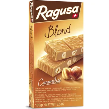 Čokoláda Čokoláda RAGUSA BLOND 100 g bílá s karamelovou náplní & celé oříšky (švýcarská bílá čokoláda , karamelová náplň s oříšky)