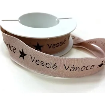 Stuha Stuha látková Veselé Vánoce - hnědorůžová - 25 mm/1 m