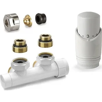 Radiátor Set pro radiátory, termostatický rohový ventil H s hlavicí M30x1,5, svěrné šroubení, pro měď, středové připojení, bílá C-SET-H-B-15