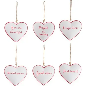 Vánoční ozdoba Sada 6ks bílých srdíček s nápisy - 10,5*10*2 cm