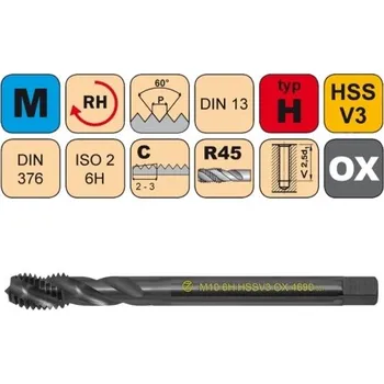 Ruční nářadí NÁSTROJE CZ Strojní závitník M16x2 ISO2 HSSV3 OX DIN 376 RSP40 - 4690