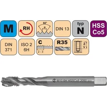 Závitořezný nástroj NÁSTROJE CZ Strojní závitník /CZZ2050/ pro metrický závit se šroubovitou drážkou CZZ Závit: M10