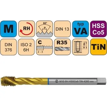 Závitořezný nástroj NÁSTROJE CZ Strojní závitník /CZZ4260/ pro metrický a jemný metrický závit se šroubovitou drážkou CZZ Závit: M12