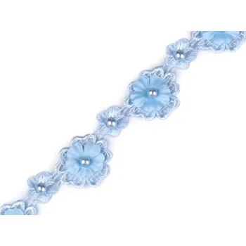 Krajka 3D květ s perlou šíře 30 mm, barva 2 modrá pomněnková