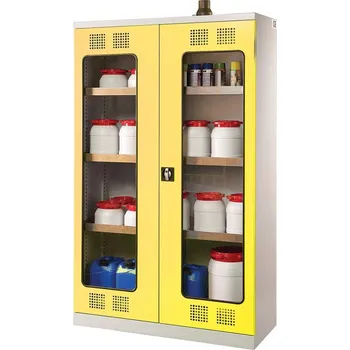 Skříň pro chemikálie s prosklenými dveřmi, spodní záchytná vana + 3 vanové police, š x h x v: 950x500x1950 mm, dveře žluté RAL1023