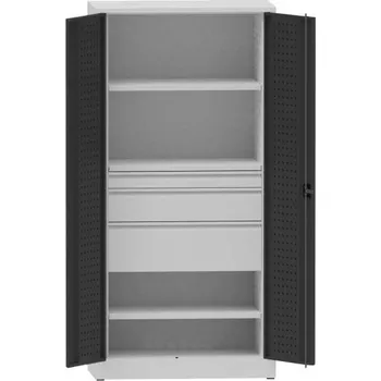 Dílenská skříň na nářadí, v x š x h: 1950x950x500 mm, perforované panely, 2 x police, 3 x zásuvka, barva šedá RAL7035/antracit RAL7016