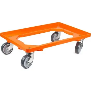 Plošinový vozík Podvozek pod EURO přepravky 600 x 400 mm, otevřený, 4 otočná kola z šedé gumy, barva oranžový