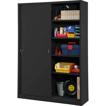 Kovová skříň s posuvnými dveřmi, v x š x h: 1990 x 1400 x 435 mm, barva černá RAL9005 / černá RAL9005